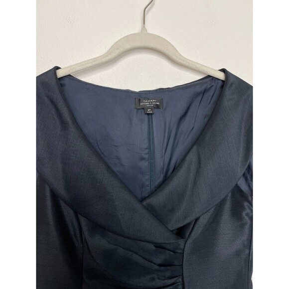 Tahari ASL Size 8 Surplice Ruched Sheath Dress Navy Blue Satin Portrait Collar - Picture 7 of 13